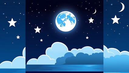 Digital artwork of a tranquil night seascape with a luminous full moon, starry sky, glowing ocean surface, fluffy clouds, and a mystical, serene ambiance.