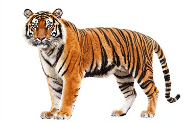 Fototapeta premium Majestic and Striking Portrait of a Tiger with Vibrant Orange Fur and Bold Black Stripes, Captured Against a Clean White Background for Wildlife and Nature Enthusiasts