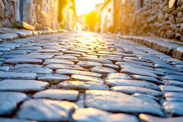 Charming cobblestone streets in historic towns, showcasing picturesque architecture and atmosphere