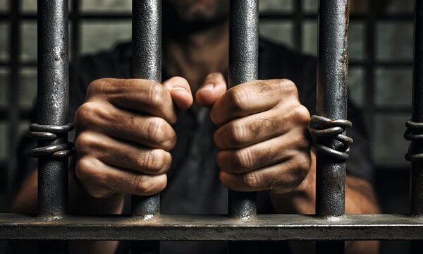 A male prisoner holds his hands to the bars in custody. The imprisoned criminal is sitting behind bars in prison.