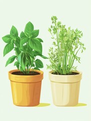 Fototapeta premium Natural plants in pots, green garden on a balcony. Urban gardening, home planting. Basil and celery regrow.