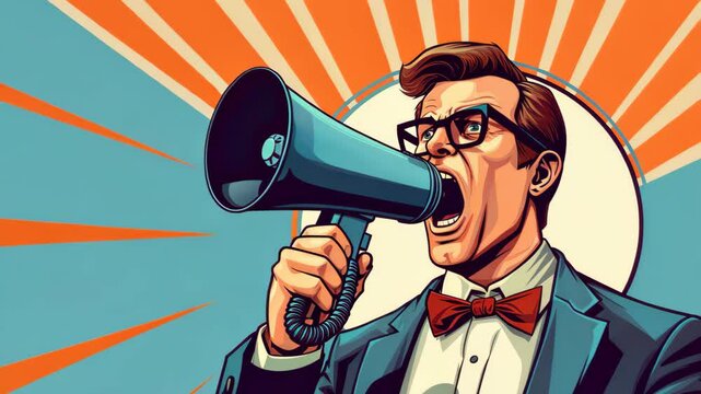 Illustration of person holding megaphone surrounded by speech bubbles, representing communication and message amplification.
