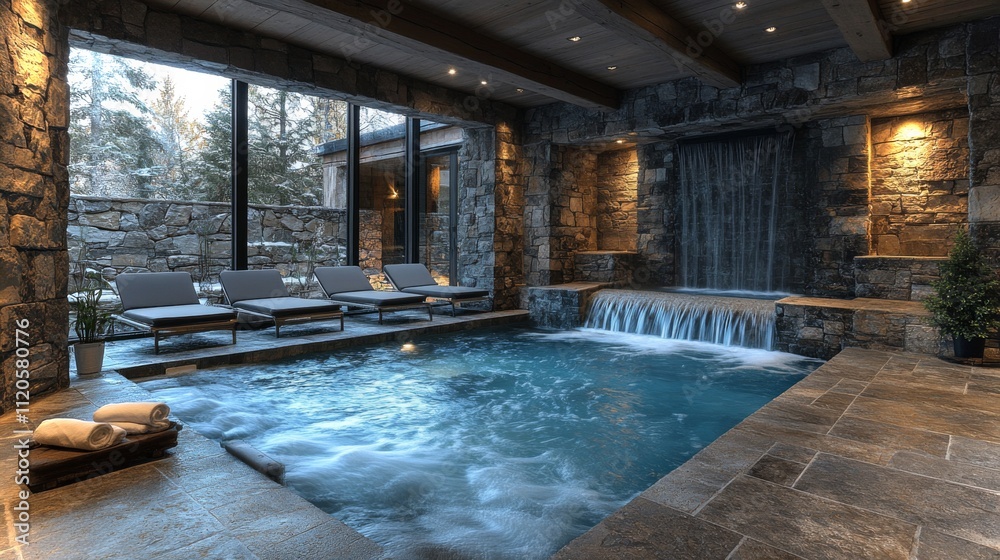 Poster A tranquil spa area showcases a beautiful water feature flowing into a small pool. Comfortable loungers invite relaxation, surrounded by natural stone walls and large windows with a forest view.