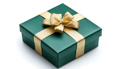 Obraz premium A green Christmas gift box with a gold ribbon isolated on a white background.