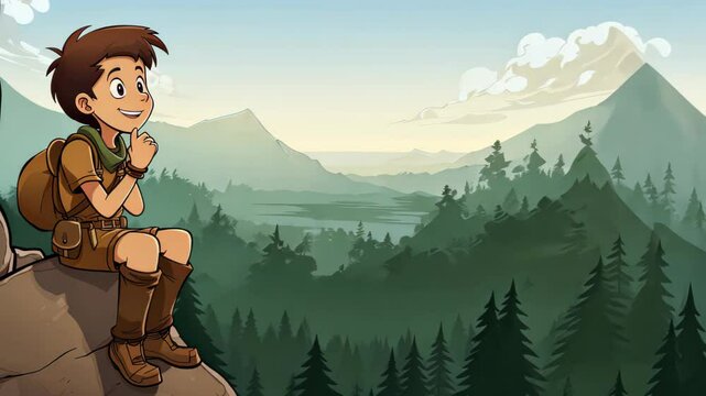 Young scout standing next to cartoon speech bubble.