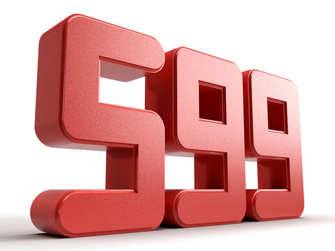 Isolated Number 599 or Five Hundred and Ninety Nine in red color on white background, 3D Render Illustration.