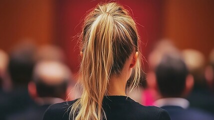 Woman with blonde ponytail in audience.
