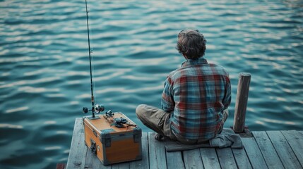 Fisherman sitting on a wooden pier, tackle box next to him, casting a line, generative ai