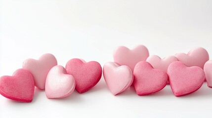 Fototapeta premium Rows of pink and red heart-shaped candies on white background for valentine's day concept