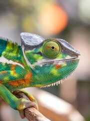 Obraz premium Colorful chameleon blends in with vibrant surroundings on a branch outdoors.