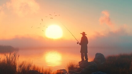 Fisherman standing under a sunrise, holding a fishing rod and wearing a hat generative ai