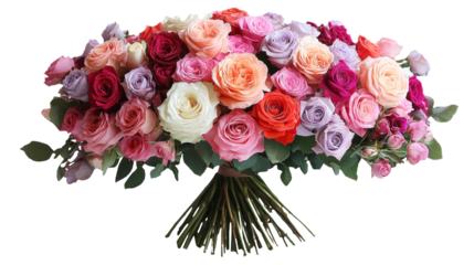 A stunning bouquet featuring various colors of roses, elegantly arranged with lush greenery. The vibrant hues create a visually appealing display suitable for any occasion.