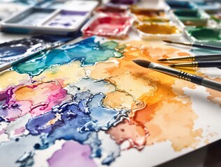 Obraz premium Colorful watercolor paints and brushes