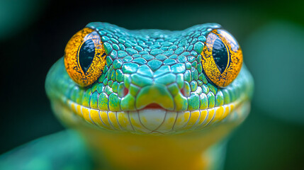 Fototapeta premium Close-up of a vibrant green and yellow snake with striking orange eyes