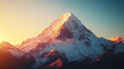 Majestic snow-capped mountain peak at sunset, bathed in golden light.