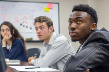 Full length motivated young diverse teammates gathering near table in modern office, working on corporate growth strategy development, analyzing paper marketing research report, discussing ideas.