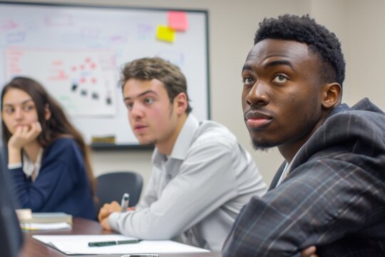 Full length motivated young diverse teammates gathering near table in modern office, working on corporate growth strategy development, analyzing paper marketing research report, discussing ideas.