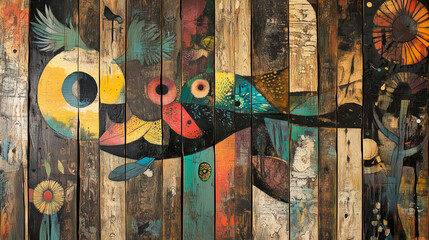 Vibrant artwork featuring abstract shapes of a bird and flowers, painted on reclaimed wood panels, adding rustic charm to modern decor