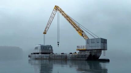 Fototapeta premium A barge with a crane on calm waters, shrouded in fog.