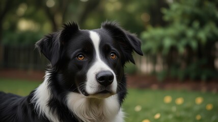 Black and white Border Collie dog portrait in a park.