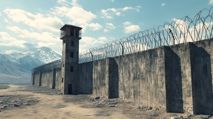 A barren landscape featuring a tall watchtower and barbed wire fence surrounding a concrete wall.