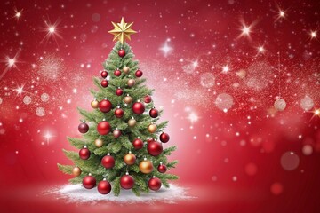 Christmas design red pastel color background with Christmas tree. 