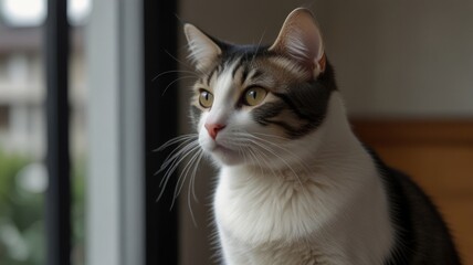 Alert tabby cat sits near window, looking to the side.