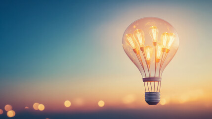 Illuminated light bulb against evening sky with bokeh effect