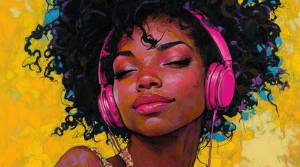 A young Black woman with vibrant pink headphones, enjoying music with her eyes closed, against a bold yellow and teal background.