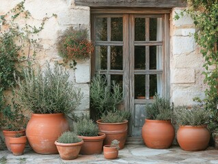 Mediterranean garden ornaments featuring succulents in terracotta planters outdoor setting warm atmosphere