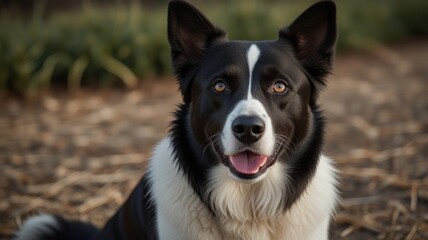 Happy black and white dog sitting outdoors.
