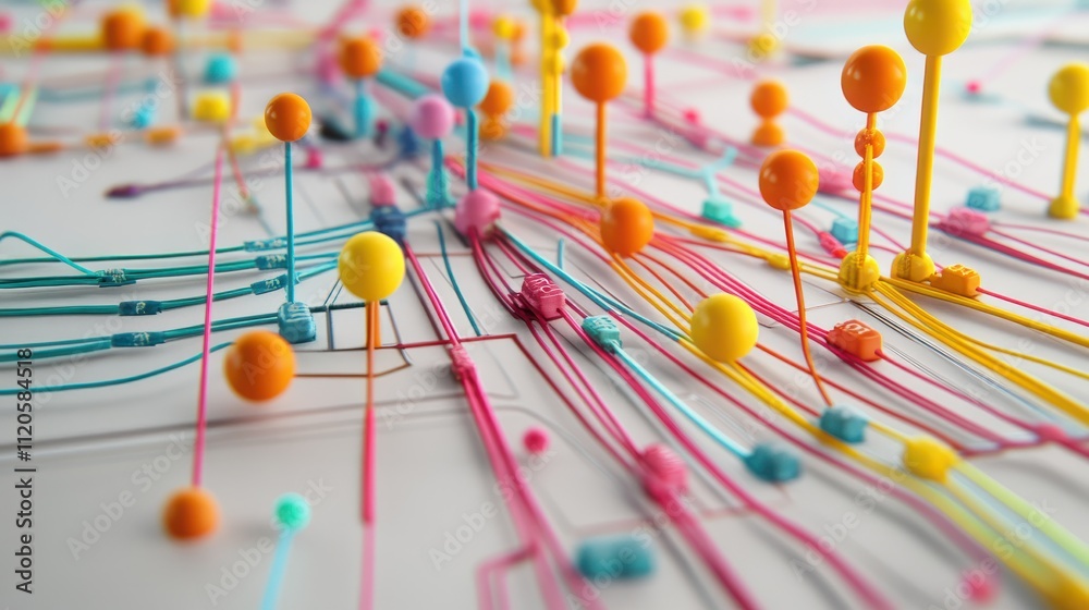 Poster a detailed close-up of a colorful network data visualization chart with interconnected nodes and lin