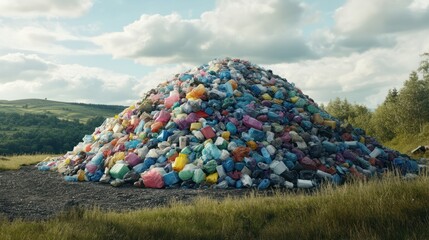 A large pile of colorful plastic waste at a landfill site, showcasing environmental pollution and waste management challenges.