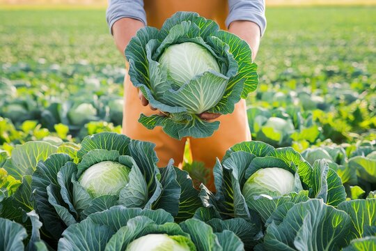 Farmer harvesting fresh cabbage in a lush green vegetable field on a sunny day.