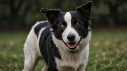 Fototapeta premium Happy black and white dog in a park.