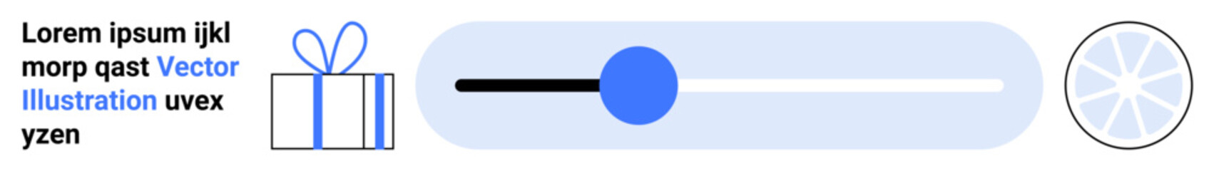 Gift box next to text, slider with movable blue circle, rotating loading icon. Ideal for web design, mobile apps, interface design, navigation, progress tracking, user experience minimalistic