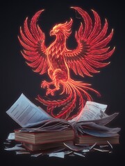 Fiery phoenix rising from open book symbolizes rebirth and knowledge.