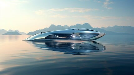 A photo of a futuristic hydrofoil yacht gliding on lake