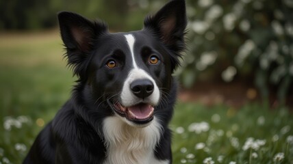 Fototapeta premium Happy black and white border collie dog portrait in a garden.