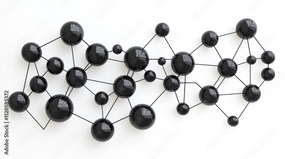 Poster black spheres linked by lines, illustrating nodes and connections in network planning, symbolizing a