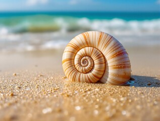Spiral seashell on beach with ocean in background