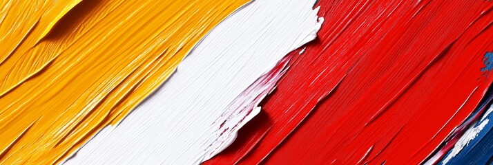 Close-up of bold abstract paint textures featuring yellow, white, red, and blue strokes