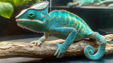 Veiled chameleon perched on a branch, showcasing its vibrant colors