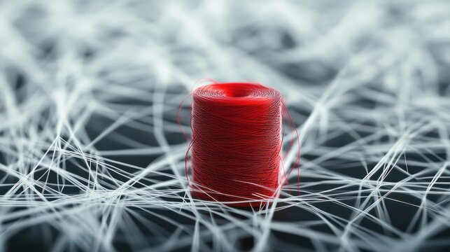 Isolated red thread among whiote threads