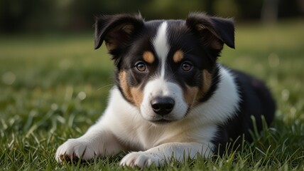 Fototapeta premium Adorable tricolor puppy lying in green grass.