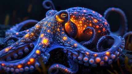 Obraz premium A vibrant octopus with glowing patterns resting on the ocean floor.