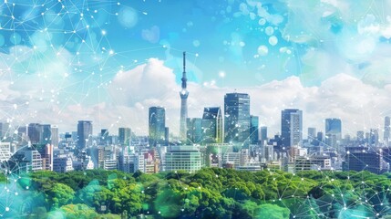 Naklejka premium Futuristic cityscape with digital network overlay, symbolizing smart city connectivity.