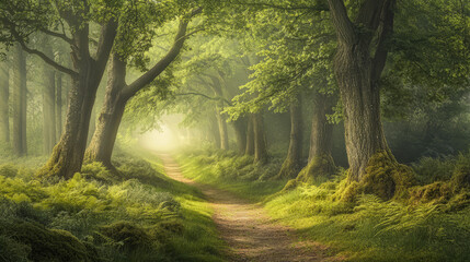 Fototapeta premium Serene sunlit pathway through a lush forest with majestic trees