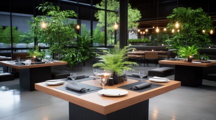 Fototapeta premium Modern restaurant interior with elegant decor and greenery.