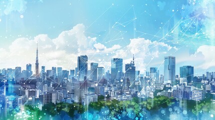 Obraz premium Futuristic cityscape with digital network overlay, symbolizing smart city connectivity.